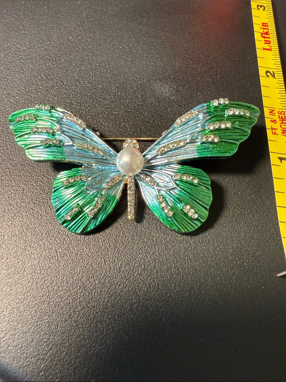 Green and Blue Enamel Butterfly Brooch with Faux Pearl Center